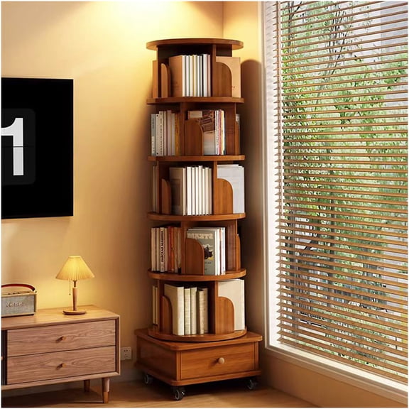 Upgraded 360 Rotating Bookshelf, 6 Tier Corner Bookcase with Wheels, Walnut Brown MDF Storage Rack for Small Spaces, Living Room, Bedroom, Study
