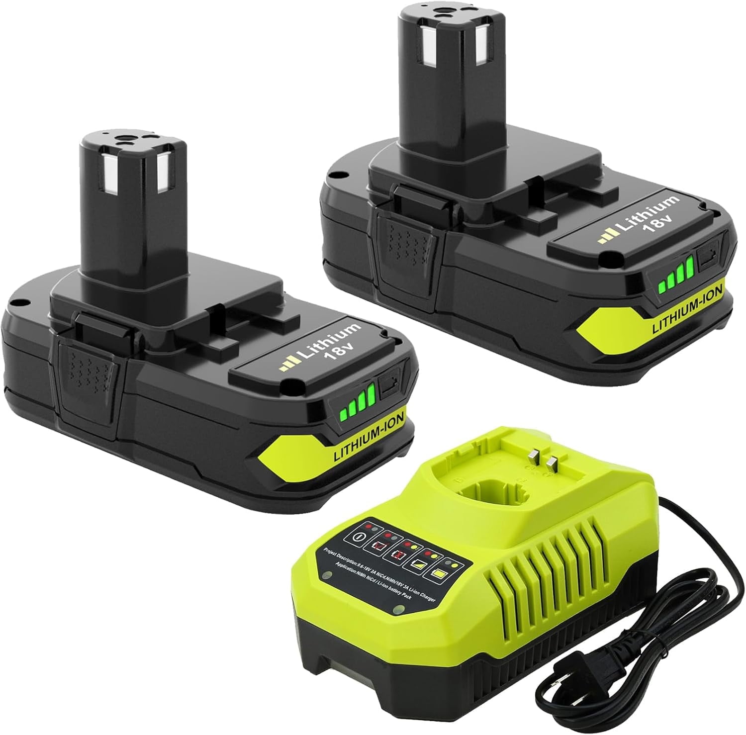 Upgraded 3600mAh Replacement for Ryobi 18V Battery (2-Pack) with Charger Combo Compatible with Ryobi 18V Battery 3.6Ah P108 P102 P103 P104 P105 P107 P109 P122 Power Tools & Charger P117 P118