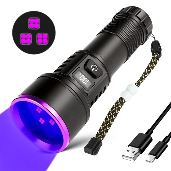 Upgraded 365nm UV Flashlight Rechargeable, 12-core Black Light Flashlight,Powerful Ultraviolet Blacklight,UV Lamp for Pet Urine Detection/Resin Curing/Rocks/Scorpion/Fluorescent