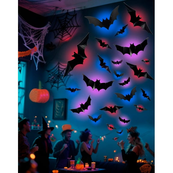 Upgraded 3D Bat Design LED Decoration Light up LED, Glow in Dark Halloween Stickers for Window Silhouettes, Indoor Outdoor Party, Haunted House