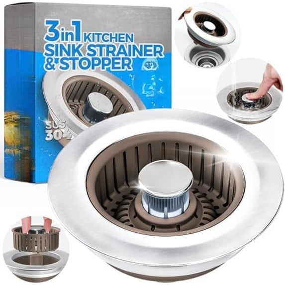 Upgraded 3in1 Kitchen Sink Drain Strainer & Sink Stopper, Stainless Steel Kitchen Drain Plug & Cover with Anti-Clogging Basket Strainer, Fit US Standard 3-1/2'' Sink Drain Hole, Brown