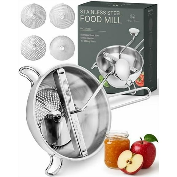 Upgraded 4-Disc Stainless Steel Food Mill Ergonomic Rotary Design for Tomato Sauce, Applesauce, Baby Food, Mashed Potatoes, Jams, and More