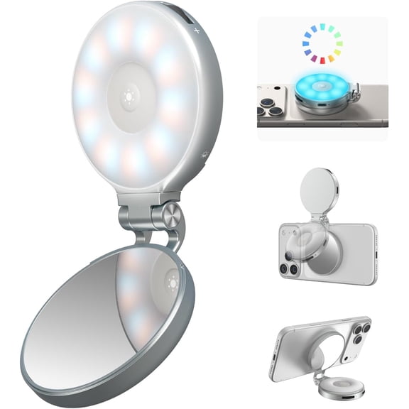Upgraded 4-in-1 Magnetic RGB Selfie Light with Mirror & Phone Stand, Rechargeable Portable Clip On Fill Light for iPhone Samsung TikTok, , Makeup, Photography, Streaming