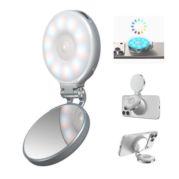 Upgraded 4-in-1 Magnetic Rgb Selfie Ring Light With Mirror & Phone Stand Rechargeable Portable Clip On Fill For Vlogging Makeup Photography Streaming