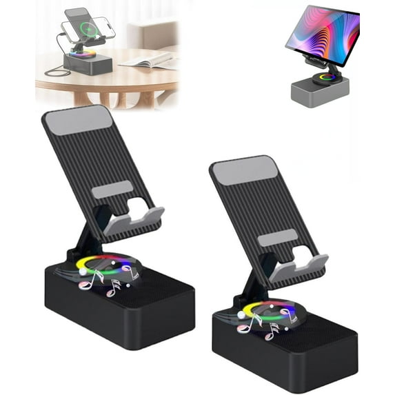 Upgraded 4 in1 Wireless Bluetooth Speaker Phone Holder, Bluetooth Audio Bracket with HD Speaker & Colorful LED Display & Emergency Charging,Anti-Slip Base Compatible with All Smartphones (black*2)