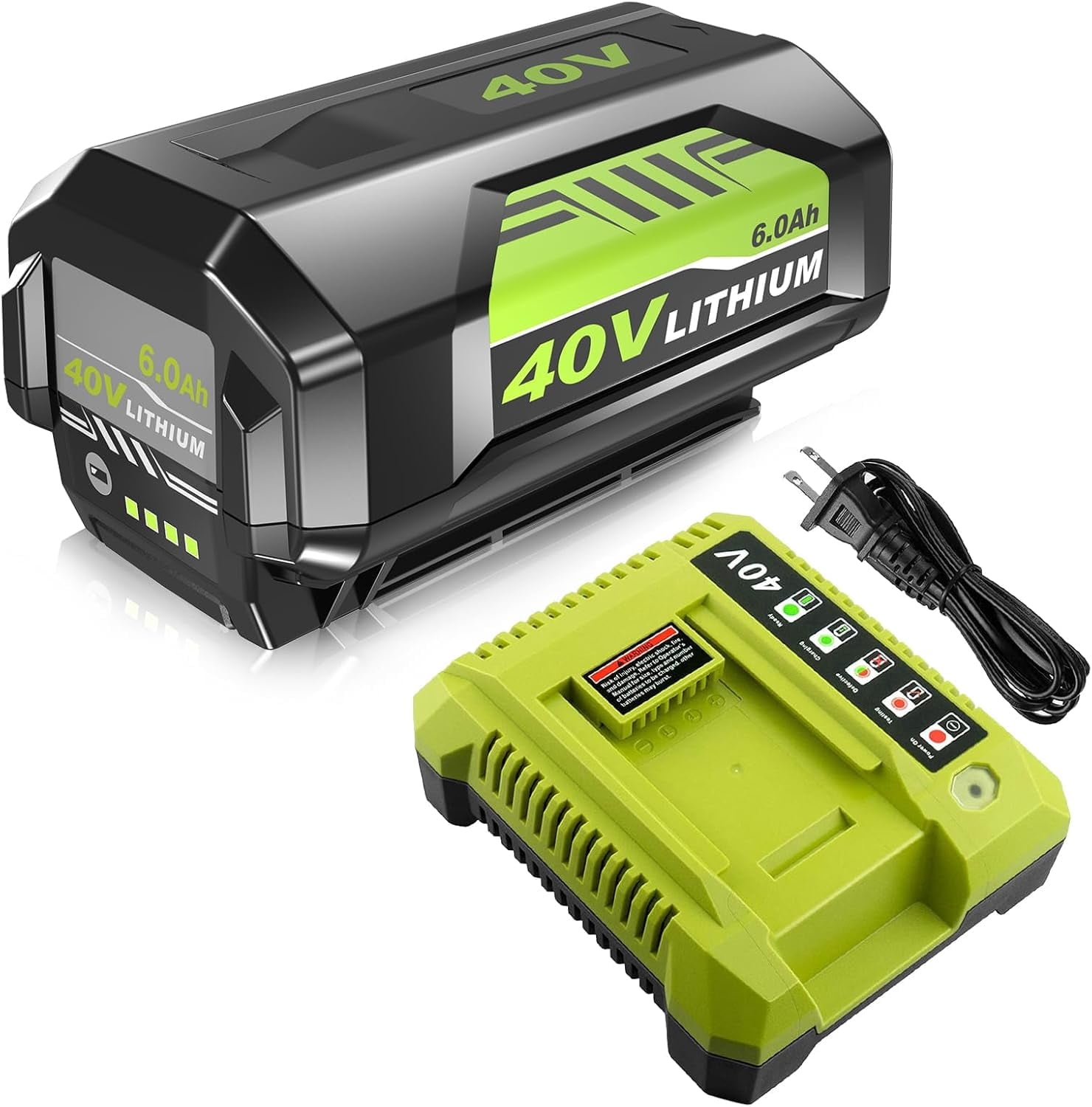 Upgraded 40 Volt 6.0Ah Lithium ion OP4060 Battery and OP401 Charger Replacement for Ryobi 40V Battery and Charger Combo P403A OP4026 OP4030 Compatible with Ryobi 40 Volt Power Tools 1Pack