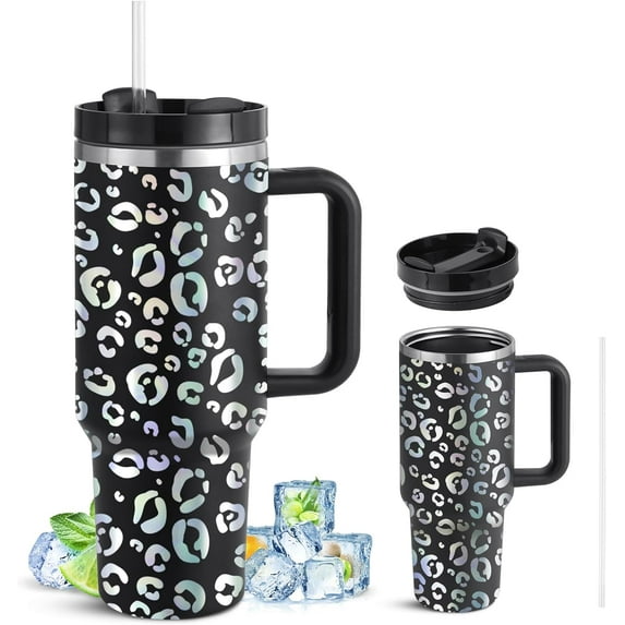 Upgraded 40oz Tumbler with Handle, Tumbler with Lid and Straw Stainless Steel Double Wall Vacuum Insulated, 40oz Leopard Tumbler with Handle, Straw, 2-in-1 Lid, Laser Black Leopard