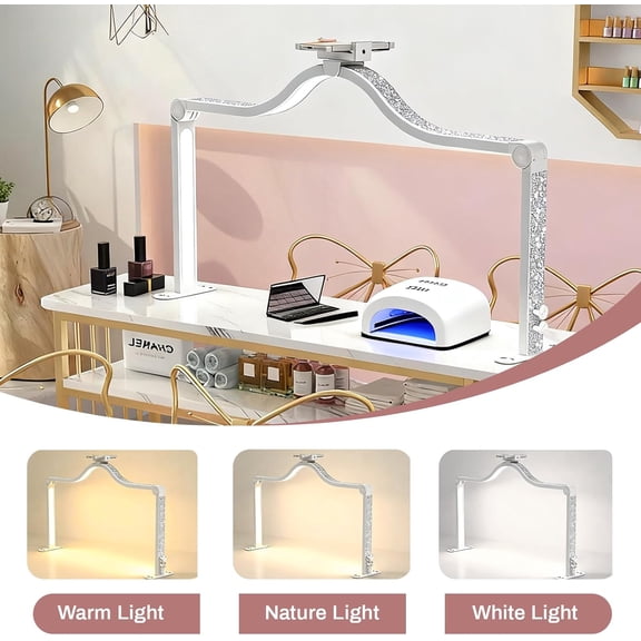 Upgraded 45W Half Moon Light for Nail Desk, 34Inch LED Nail Tech Lamp with Phone Holder, Foldable Dimmable Table Lamp for Manicure Lash Extensions Tattoo Eyebrows Crafts, Makeup Reading Lighting