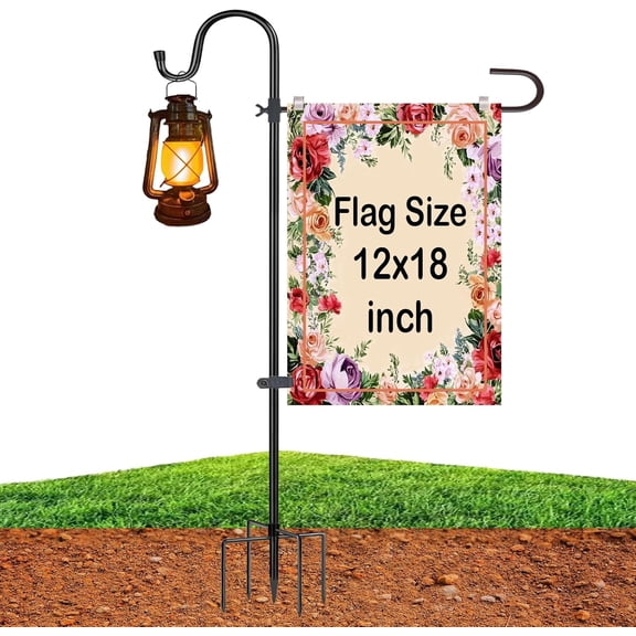 Upgraded 46 Inch Heavy Duty Metal Garden Flag Holder with Shepherd Hook, Yard Stand Fits 12x18 Flags - Solar Lights & Flags Not Included