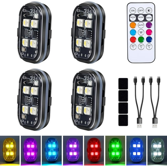 Upgraded 4LEDs 4PCS Wireless LED Strobe Lights with Remote Control, 8 Colors Type-C Rechargeable Led Lights Anti Collision Warning Light for Car Motorcycle Bike Drone Aircraft