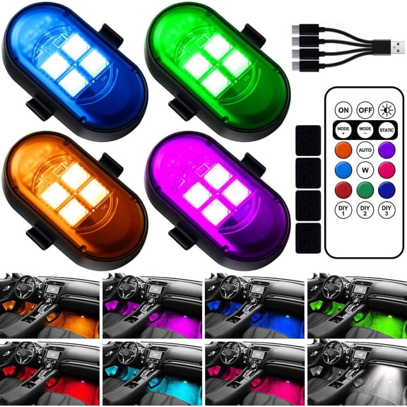 Upgraded 4LEDs Wireless LED Strobe Lights with Remote Control, High Brightness 8 Colors Type-C Charge IP65 Waterproof Anti-Collision Warning Lights for Car Interior Drone Bike Halloween Christmas Day