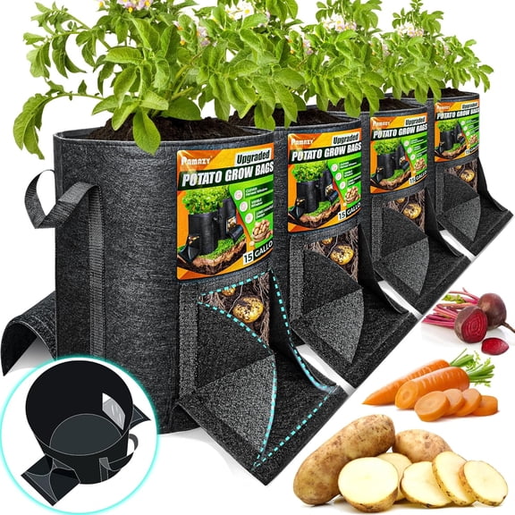 [Upgraded] 4Pcs 15 Gallon Potato Grow Bags with Unique Harvest Window & Visible Window, Non-Woven Planter Pot with Sturdy Handle, Potato Growing Container, Plant Garden Bags to Grow Vegetables, Tomat