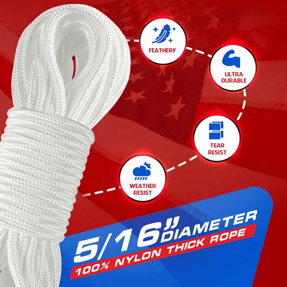 Upgraded 5/16" 100ft Flagpole Rope Kit - Durable, Weather-Resistant Nylon Halyard with 4 Zinc Alloy Clips - Easy Installation, UV Resistant - High Weight Bearing, Anti-Tearing Utility Rope