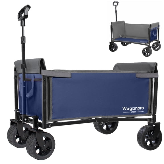 Upgraded 52 Inch Wide Wheel Folding Wagon, 220 Lbs Steel Frame Convertible Seat Cart with Full Side Zipper & Built-in Dog Leash, Dark Blue Outdoor Utility Trolley