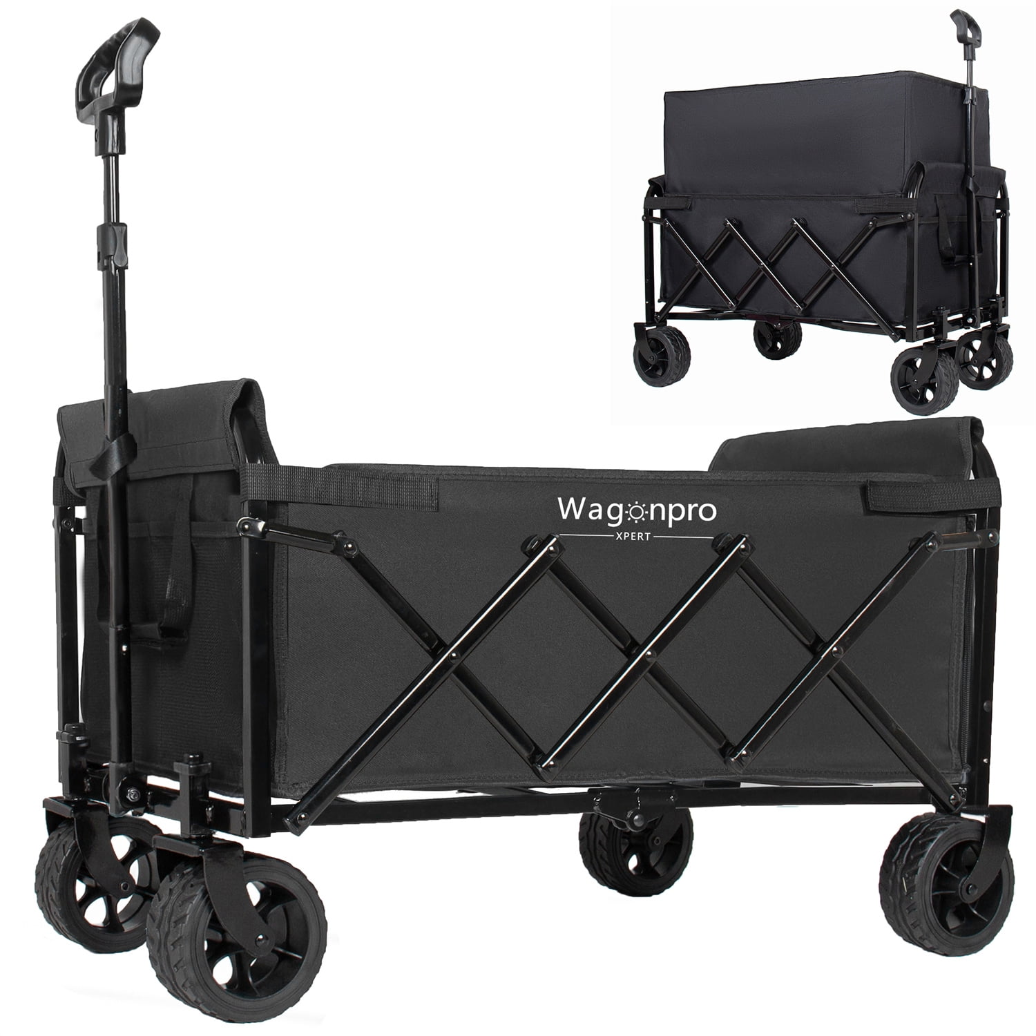 Upgraded 5*2" Wide Wheels-Expandable Dual-Layer Utility Wagon with 100% Extra Space, 220lbs Capacity Grocery Cart for Camping, Shopping, Sports, Gardening, Fishing, Black