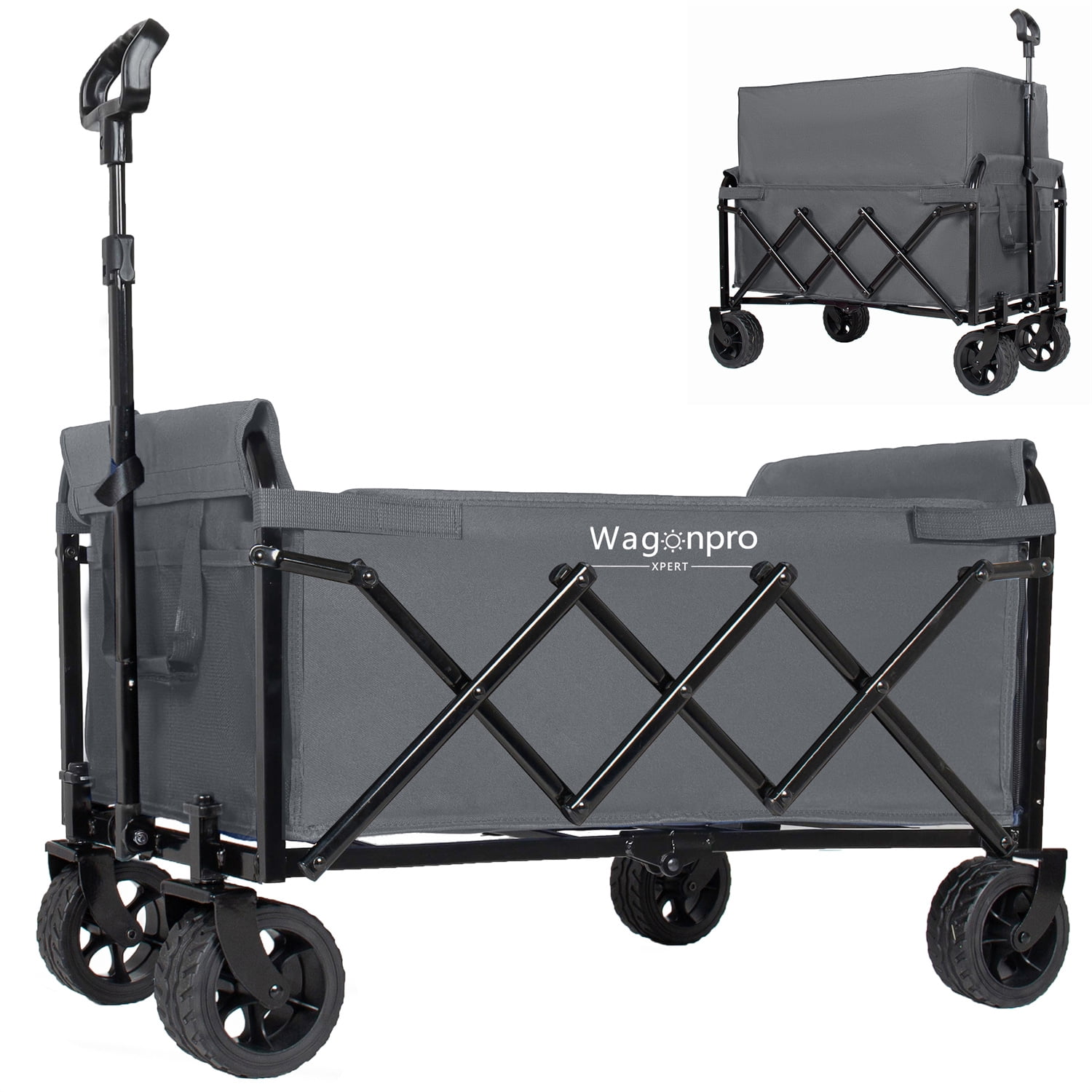 Upgraded 5*2" Wide Wheels-Expandable Dual-Layer Utility Wagon with 100% Extra Space, 220lbs Capacity Grocery Cart for Camping, Shopping, Sports, Gardening, Fishing, Gray