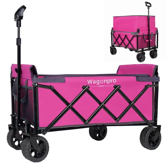 Upgraded 5*2" Wide Wheels-Expandable Dual-Layer Utility Wagon with 100% Extra Space, 220lbs Capacity Grocery Cart for Camping, Shopping, Sports, Gardening, Fishing, Pink