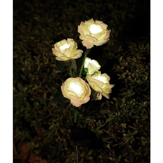 [Upgraded 5 Flowers] Solar Lights Outdoor Garden Decor Rose Stake Lights, Waterproof Realistic Artificial Flowers for Outdoor Flower Bed Patio Yard Pathway Memorial Cemetery Grave Decorations, Red