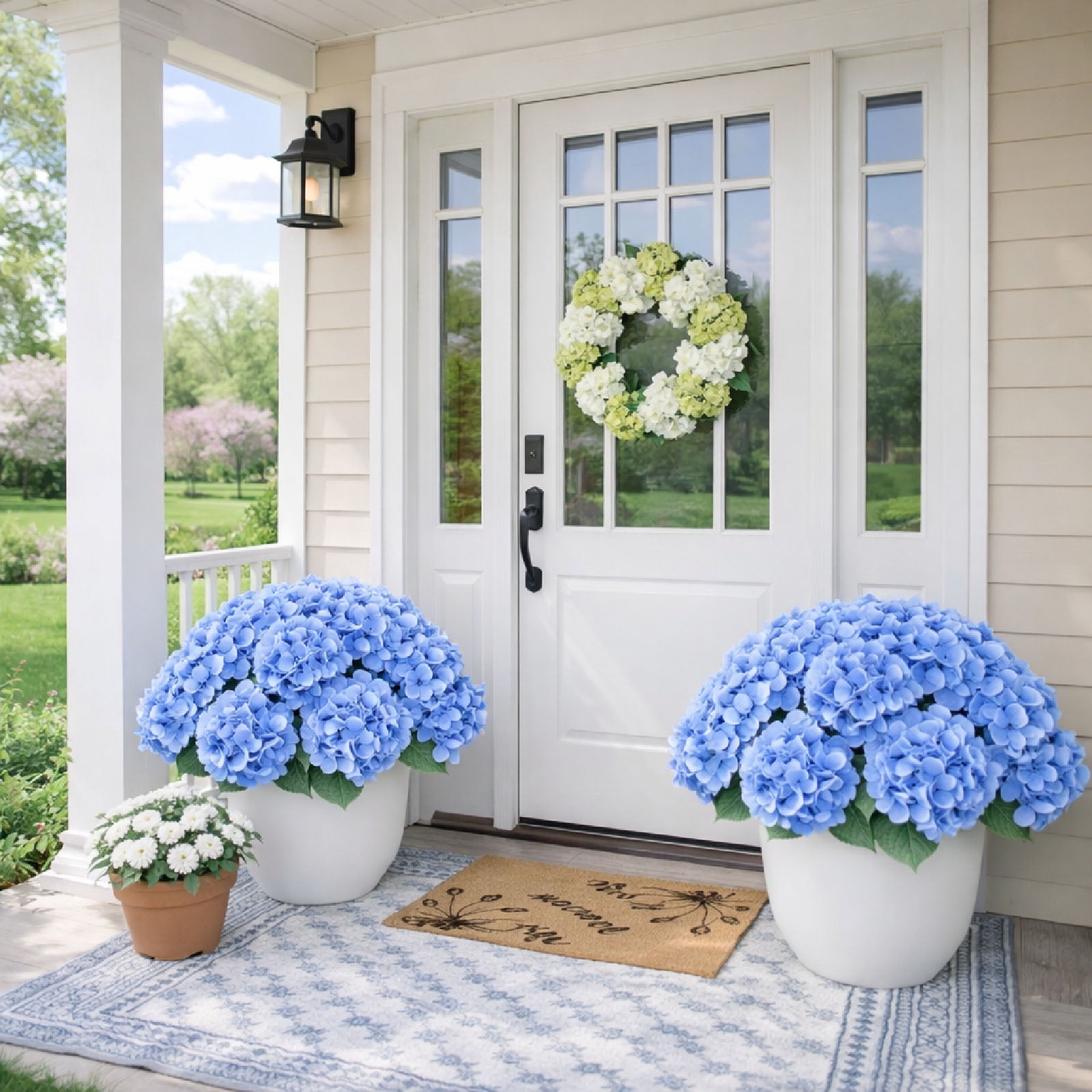 Upgraded 5-Head Full Bloom Artificial Hydrangea Flowers, 17.7" Lush & Full Faux Hydrangeas, UV-Resistant Waterproof Indoor & Outdoor Flowers for Porch, Yard, Garden & Home Decor