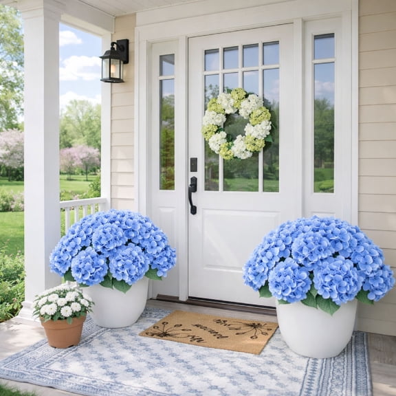 Upgraded 5-Head Full Bloom Artificial Hydrangea Flowers, 17.7" Lush & Full Faux Hydrangeas, UV-Resistant Waterproof Indoor & Outdoor Flowers for Porch, Yard, Garden & Home Decor