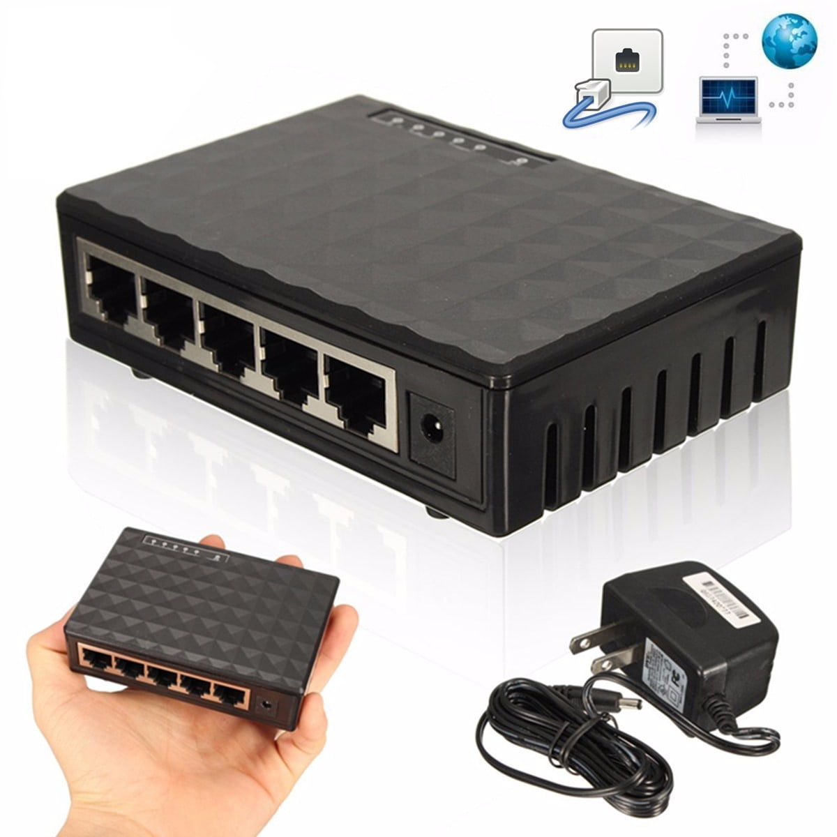 Upgraded 5 Port 10/100/1000Mbps Fast Ethernet LAN Desktop RJ45 Network Switch Hub Metal Desktop Switch with Power Adapter