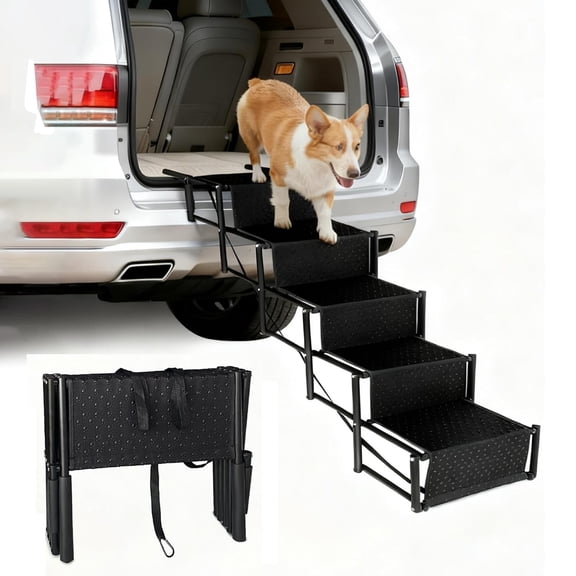 Upgraded 5 Steps Dog Stairs, Foldable Metal FrameLarge Dog Step, Lightweight Portable Pet Ladder Ramp for Cars, SUVs and High Bed