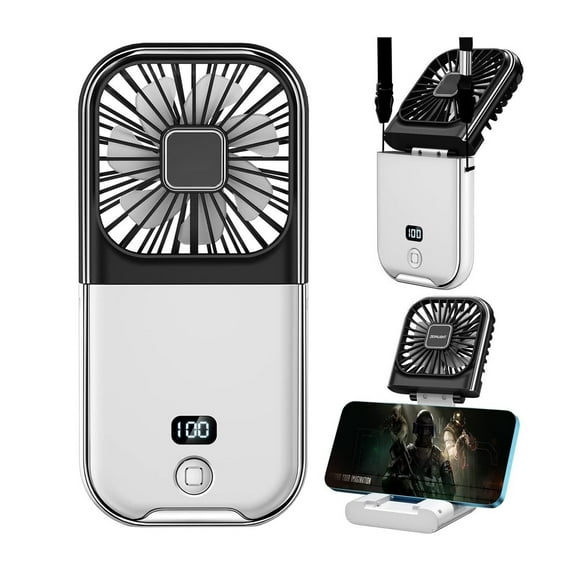 Upgraded 5-in-1 Portable Handheld Fan, Necklace Fan, Mini Desk Fan, Foldable Phone Stand, Emergency Backup Power, Quiet USB Rechargeable Personal Fans with LED Digital Screen (Pink)