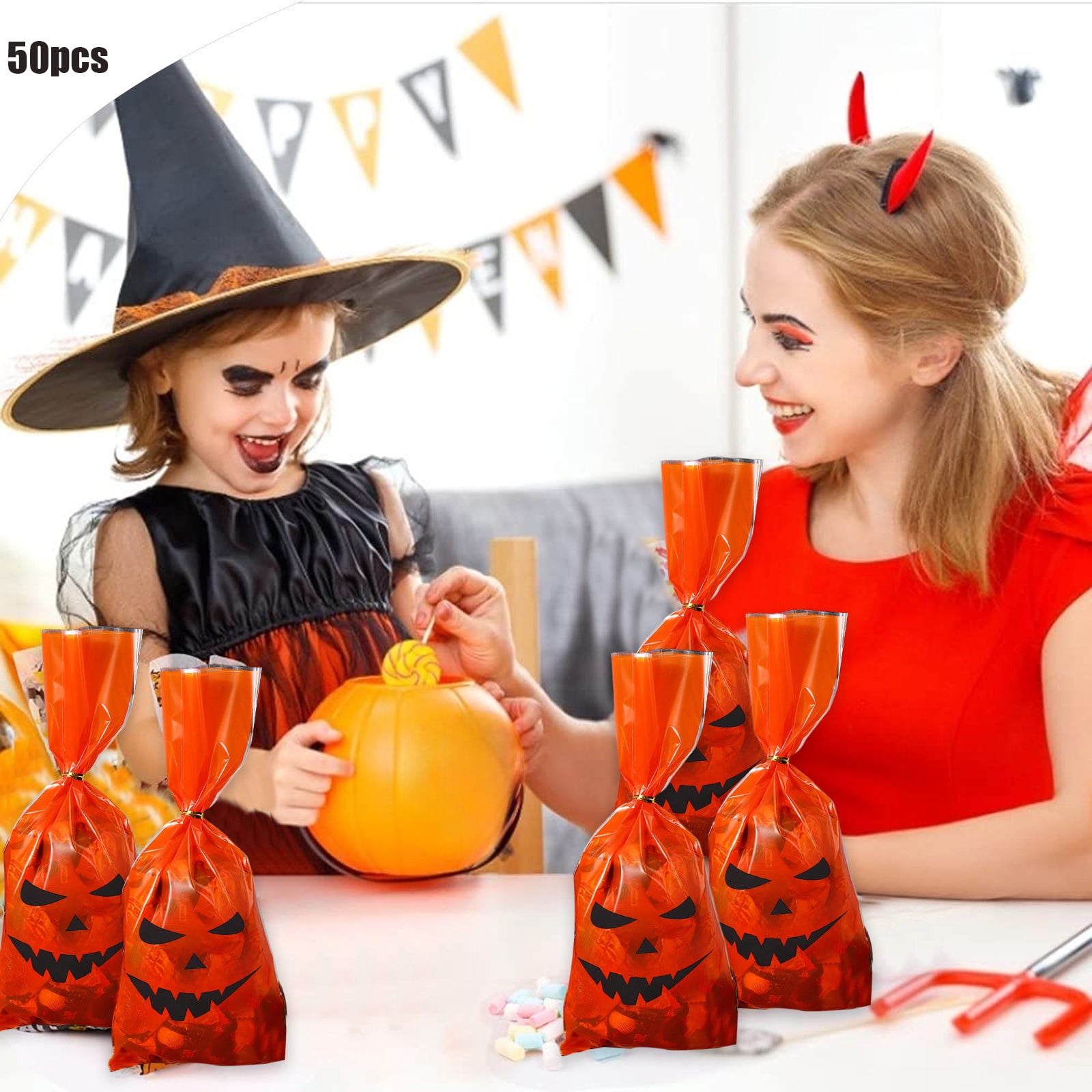 Hand Holding Halloween Pumpkin Bag With Candies Inside, Halloween Candy Hand Holding Halloween Pumpkin Bag With Candies Inside, Halloween Candy