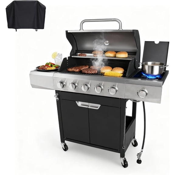 Upgraded 58,500 BTU 5-Burner Stainless Steel Propane Gas Grill  Outdoor BBQ Grill with Side Burner & Porcelain Grates, Barbecue Grill Wheeled for Patio, Garden, Backyard