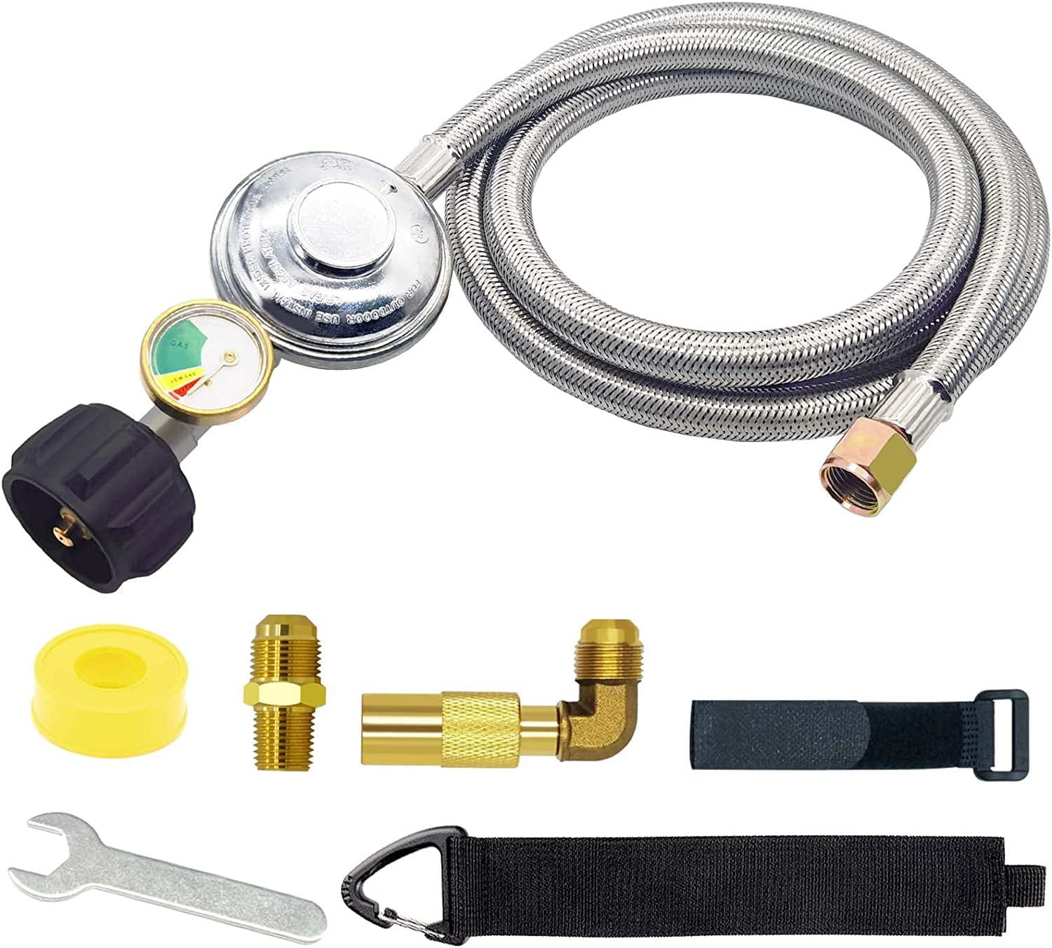Upgraded 6 FT Stainless Braided Propane Regulator Hose with Gauge, QCC1