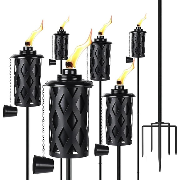Upgraded 60 Inch Citronella Torches for Outside Set of 6, 16 Oz Outdoor Garden Torches with 5-Prong Grounded Stake, Metal Torch for Garden Décor, Outside Torches for Backyard, Garden, Patio