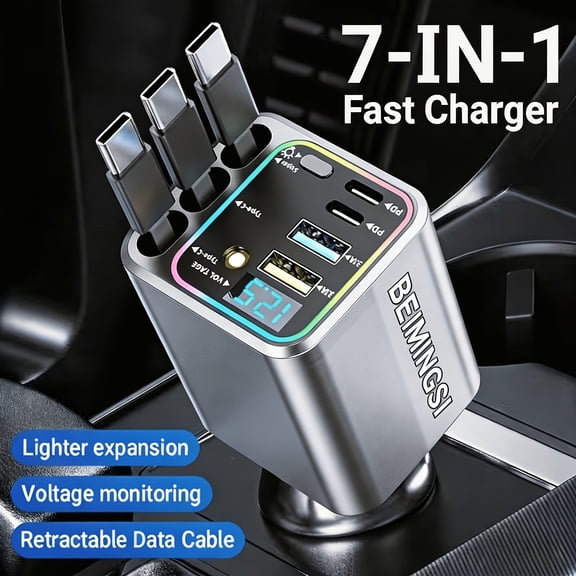 Upgraded 7-in-1 Car Fast Charger with Starry Sky Night Light, 3 Retractable Cables, Fast Charge Ports, 180 Adjustable, LED Digital Display