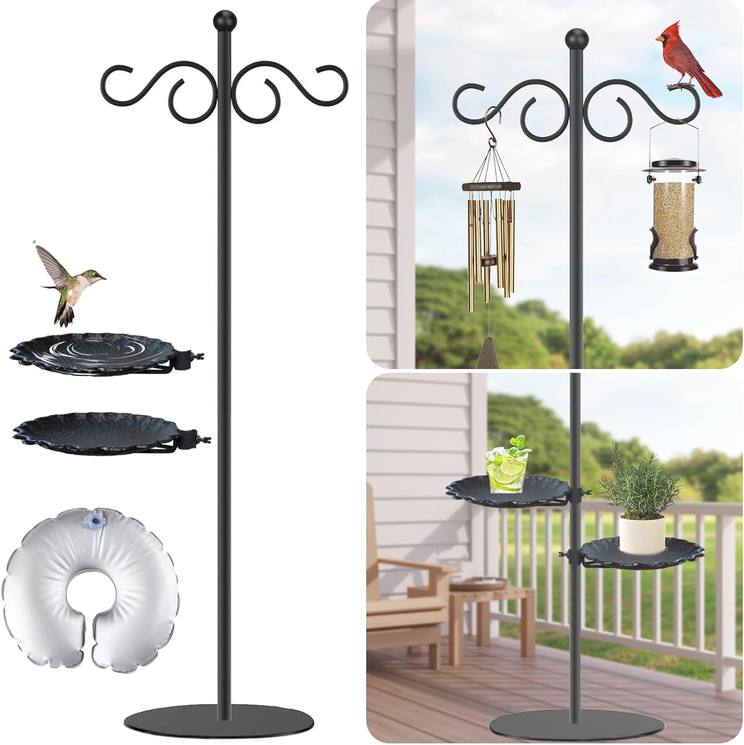 Upgraded 74" Shepherd's Hook for Bird Feeder,Floor Hanging Plant,Wind Chime Stand, Waterproof Metal& Adjustable-Height Standing Pole Holder for Lantern and Wreath, Indoor & Outdoor（2 Placement Racks)