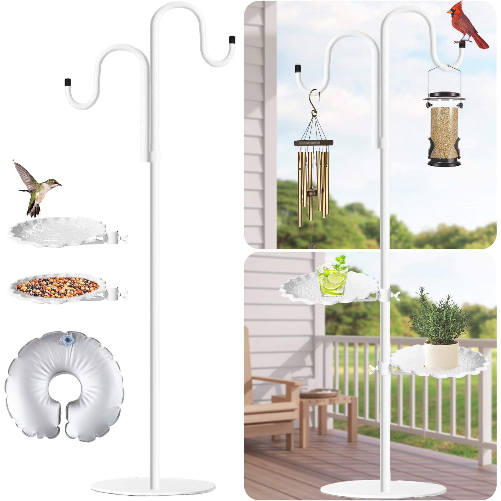 Upgraded 74" Shepherd's Hook Stand plant，Bird Feeder，Wind Chime Hanger Stand, Waterproof Metal & Adjustable-Height Standing Pole Holder for Lantern and Wreath, Indoor & Outdoor（2 Placement Racks)