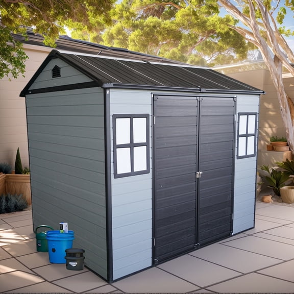 Upgraded 8x6ft Outdoor Resin Garden Tool Shed with Floor&2 Windows,Lockable Door