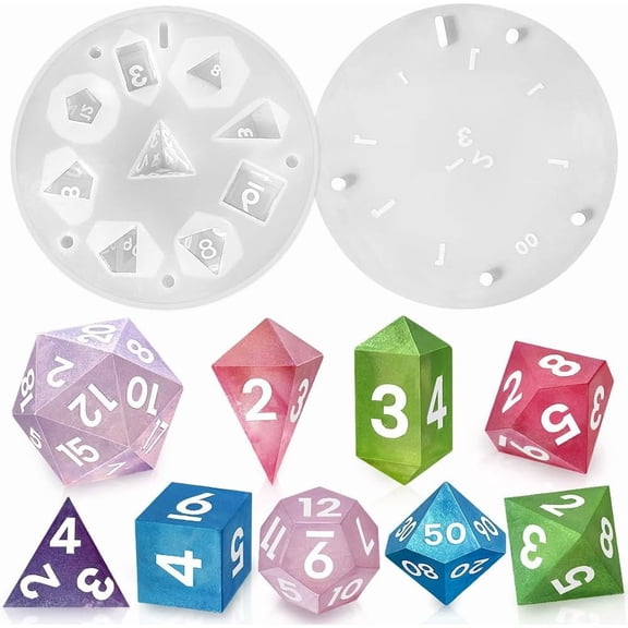 Upgraded 9 Piece Polyhedral Dice Mold (New Font), DND Dice Set Mold with Extra Pendant Crystal D4
