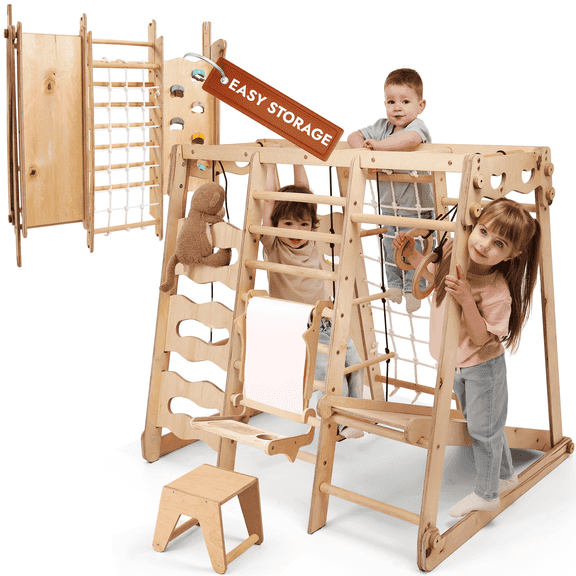 Goodevas Montessori Indoor Playground Climber 9-in-1 Wooden with Slide Swing and Art Set for Toddlers