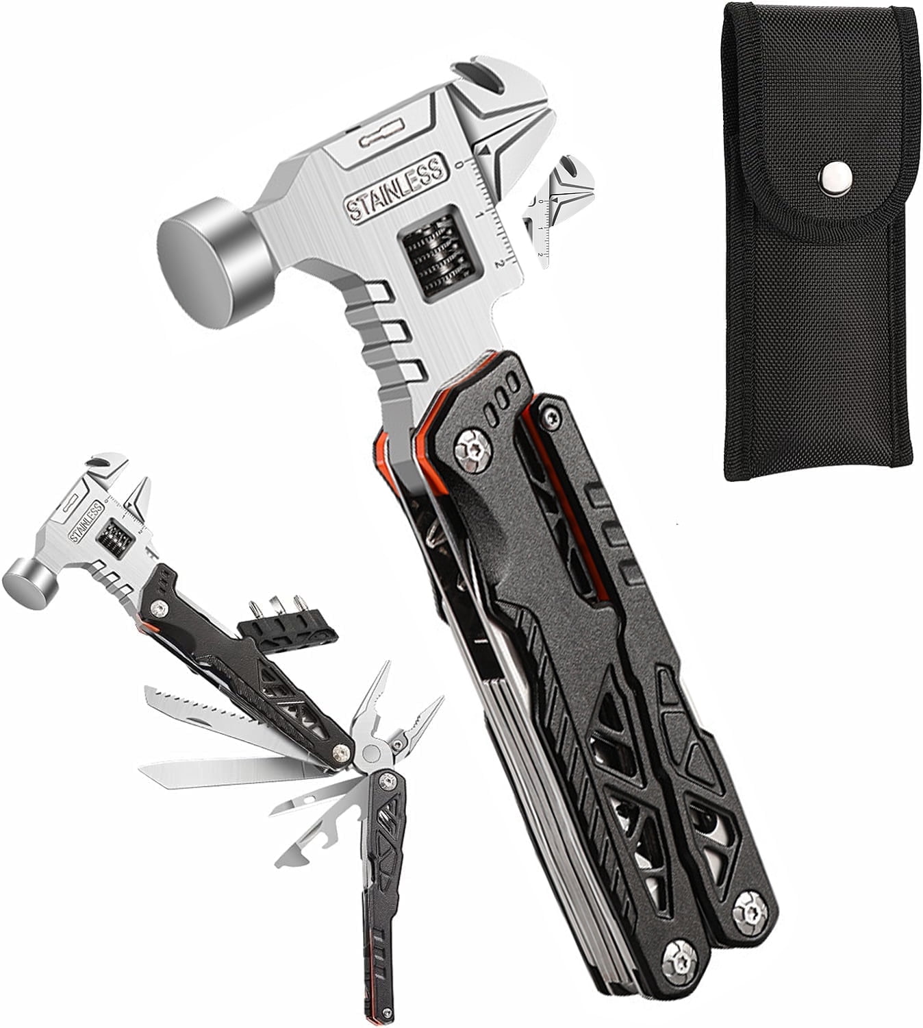 Upgraded Adjustable Wrench Multitool Hammer with Steel Replaceable Wire Cutters for Men,18 in 1 Pocket Multi Tool Knife with Spring-Action Pliers for Camping,Survival