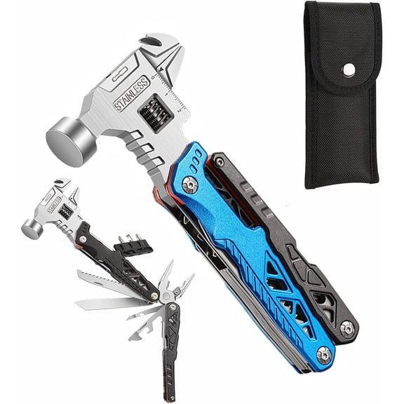 Upgraded Adjustable Wrench Multitool Hammer with Steel Replaceable Wire Cutters for Men,18 in 1 Pocket Multi Tool Knife with Spring-Action Pliers for Camping,Survival