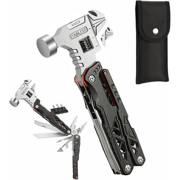 Upgraded Adjustable Wrench Multitool Hammer with YG10 Tungsten Steel Replaceable Wire Cutters for Men,18 in 1 Pocket Multi Tool Knife with Spring-Action Pliers for Camping,Survival