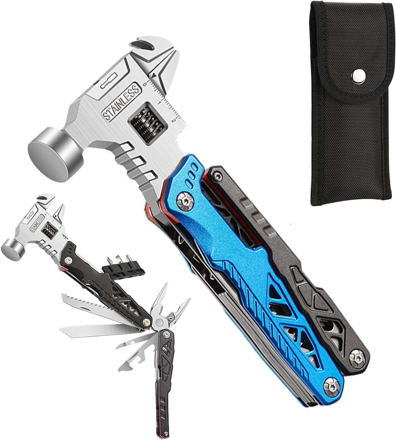 Upgraded Adjustable Wrench Multitool Hammer with YG10 Tungsten Steel Replaceable Wire Cutters for Men,18 in 1 Pocket Multi Tool Knife with Spring-Action Pliers for Camping,Survival