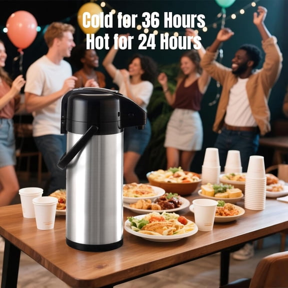 Upgraded Airpot Coffee Carafe with Double Pump, Stainless Steel Drink Dispenser for Hot/Cold Beverage with Lazy Susan Base