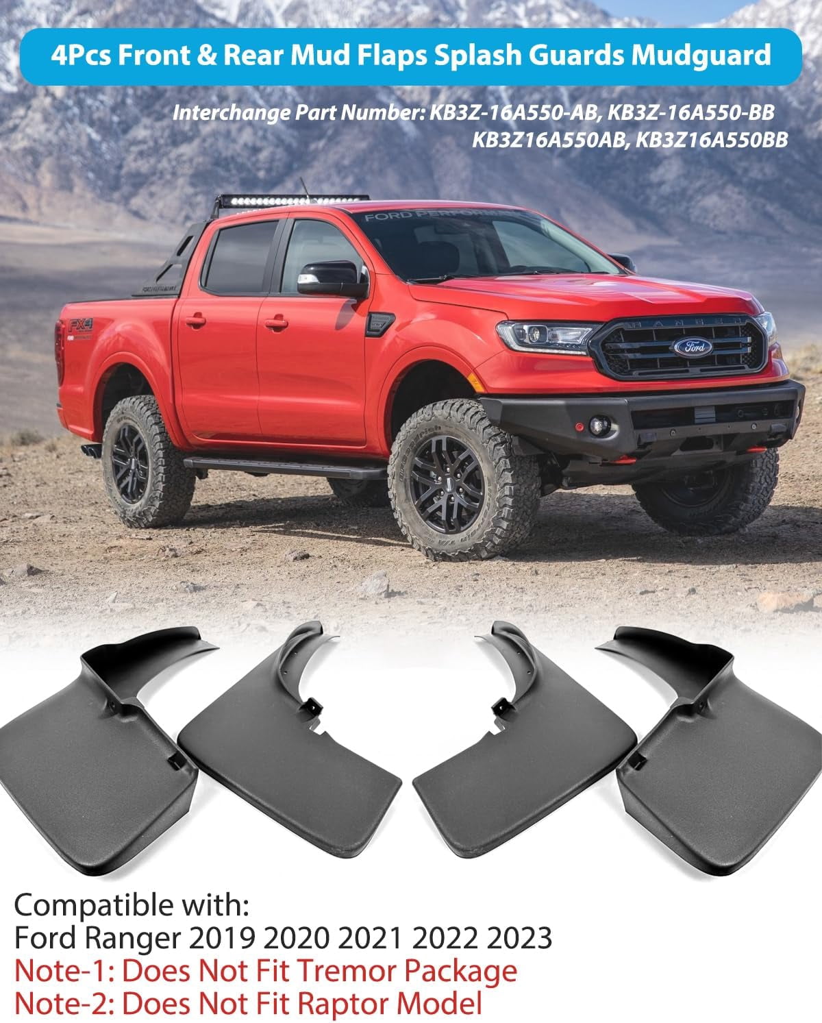 Upgraded All-Weather Mud Flaps for Ford Ranger 2019-2023 No Drill Splash Guards