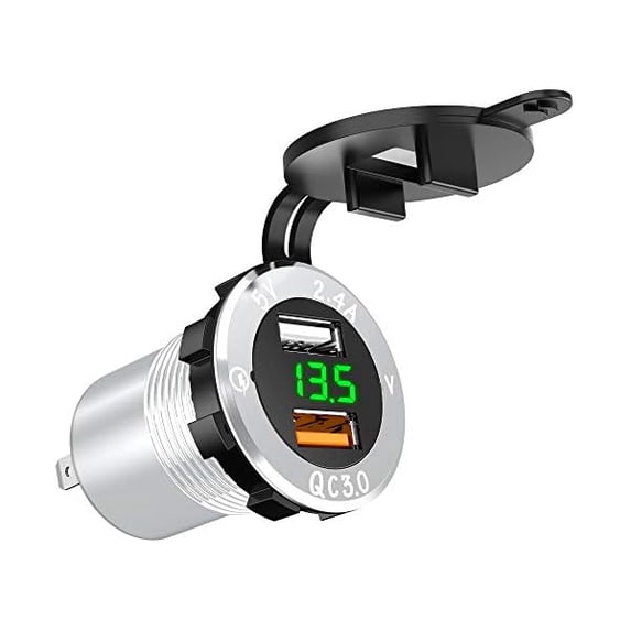 Upgraded Aluminum Alloy Quick Charge 3.0 USB Car Charger Socket & 2.4A USB Port IP66 Waterproof Dual USB Power Outlet with Voltmeter for Car Boat Marine Rv Motorcycle(Silver-Green)