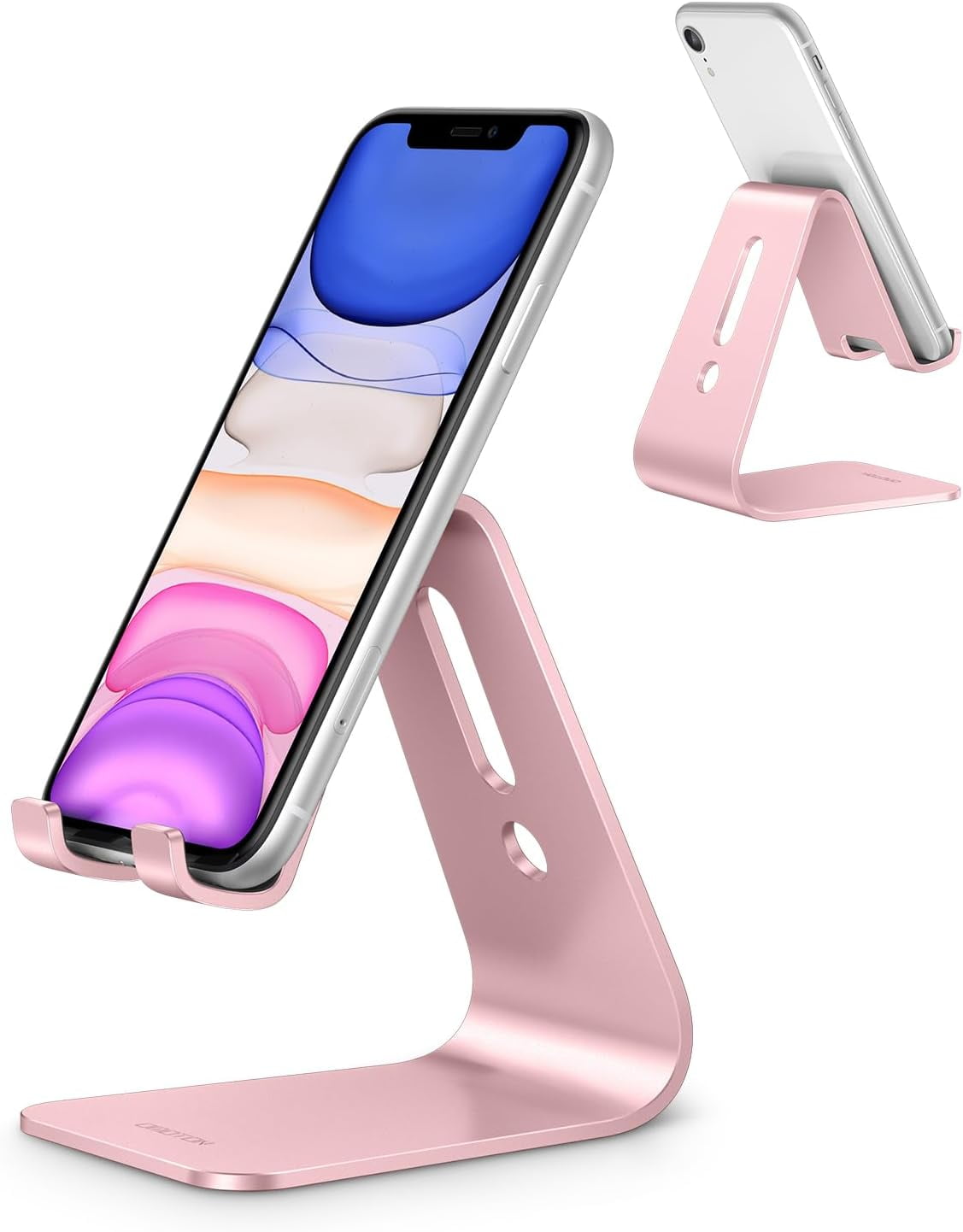 Upgraded Aluminum Cell Phone Stand for Desk, C1 Durable Cellphone Dock with Protective Pads, Smart Stand Designed for iPhone16, 15/14/13/12 Pro Max XR XS, iPad Mini, Android Phones,Rose Gold
