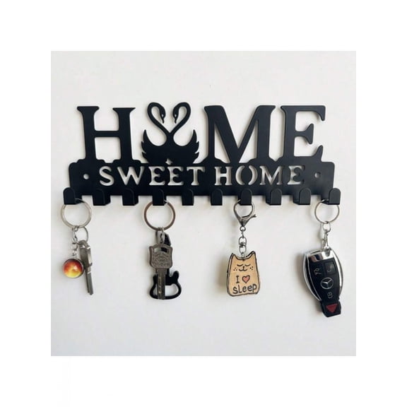 Upgraded And Thickened Home Swan Style Metal Wall Key Holder - Sweet Home Sign With 6 Hooks For Keys, Hats, Bags