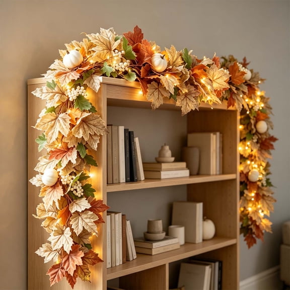 Upgraded Artificial Fall Maple Leaf Garland with White Pumpkins White Berries LED Lighted Thanksgiving Halloween Hanging Vine Decor for Fireplace Mantel Front Door Wall Indoor Outdoor 66.93 in