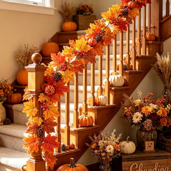Upgraded Artificial Maple Leaf Pumpkin Garland for Thanksgiving Fall Decor, 68.90 in Autumn Vine for Front Door Mantel Fireplace Indoor Outdoor Home Decoration D