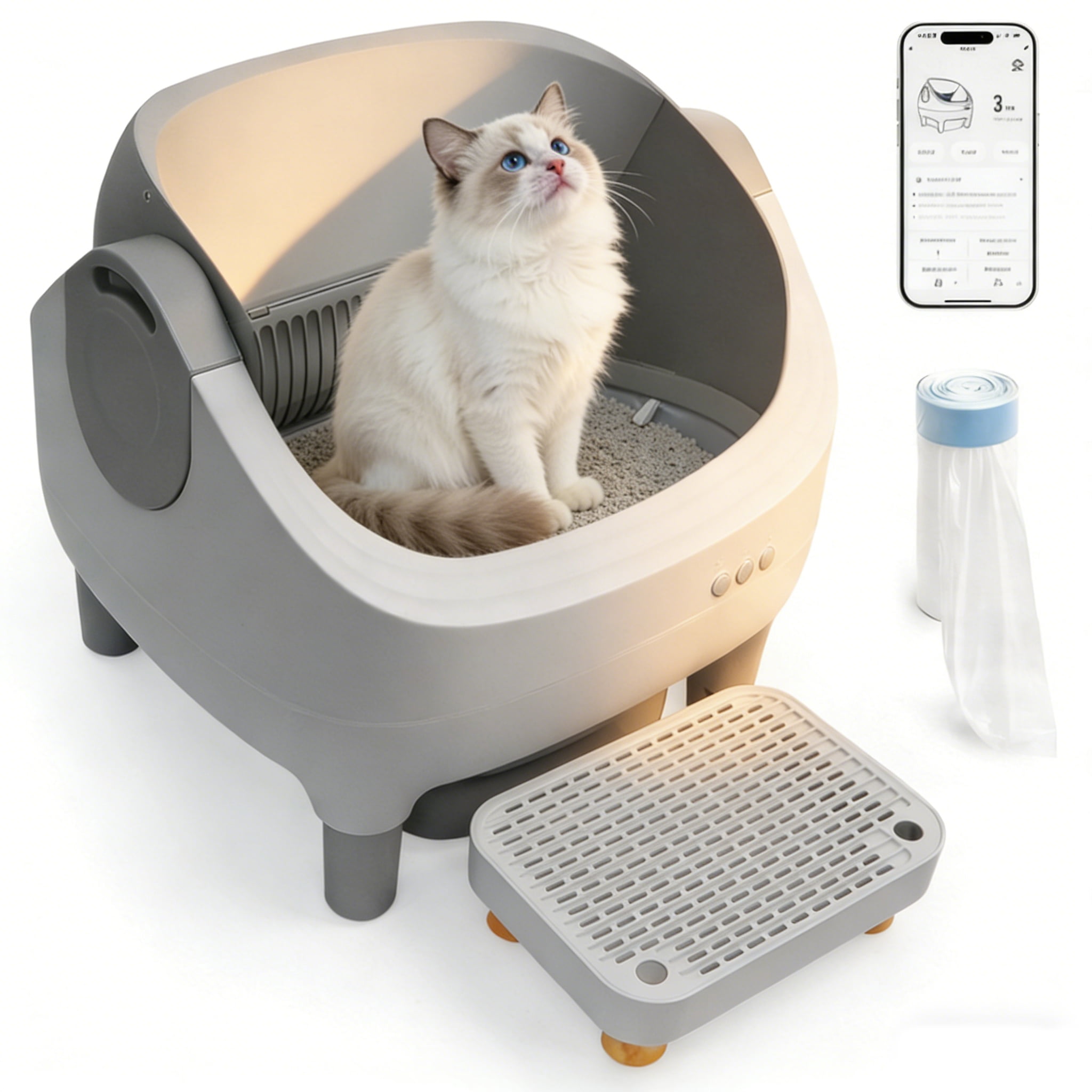 Upgraded Automatic Litter Box Self Cleaning, with Raised Step, Open Top Large Capacity for Multiple Cats, Odor Control ,Safety Protection , Smart App Control ,Health Monitoring ,Quiet Operation