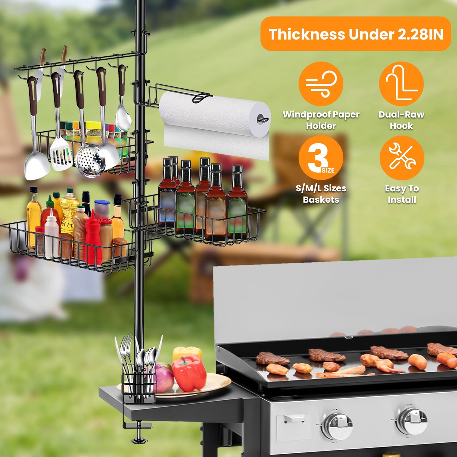 Upgraded BBQ Griddle Caddy Rack with Paper Towel Holder, Carbon Steel Grill Storage Organizer with S/M/L Baskets & 10 Hooks, Clamp on Design for Outdoor Grilling